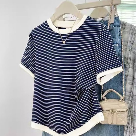 Navy Blue Striped Slimming Top for Women