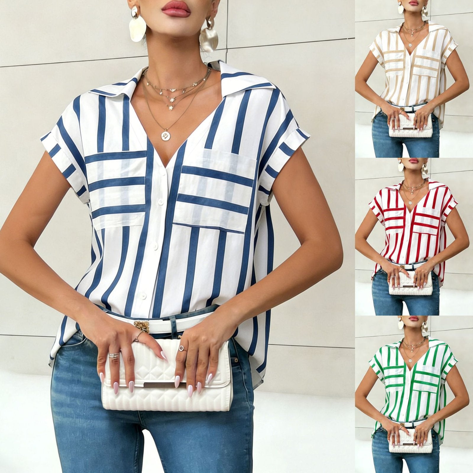 Loose Fit Striped Pocket Short Sleeve Tops for Women