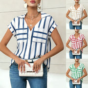 Loose Fit Striped Pocket Short Sleeve Tops for Women