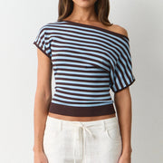 Vintage Striped Off-the-Shoulder Short Sleeve Tops