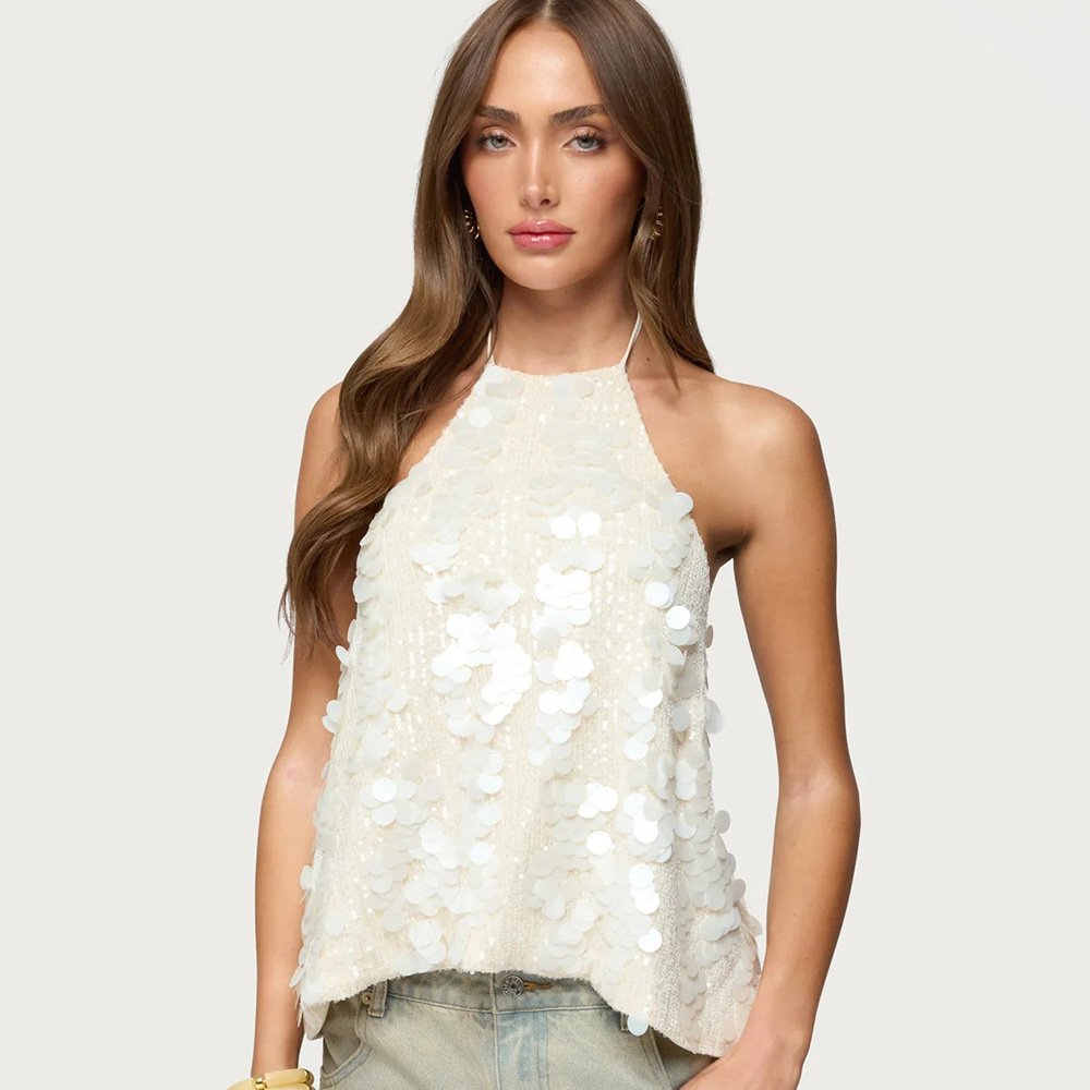 Elegant Floral Halter Neck Sequin Vest Top