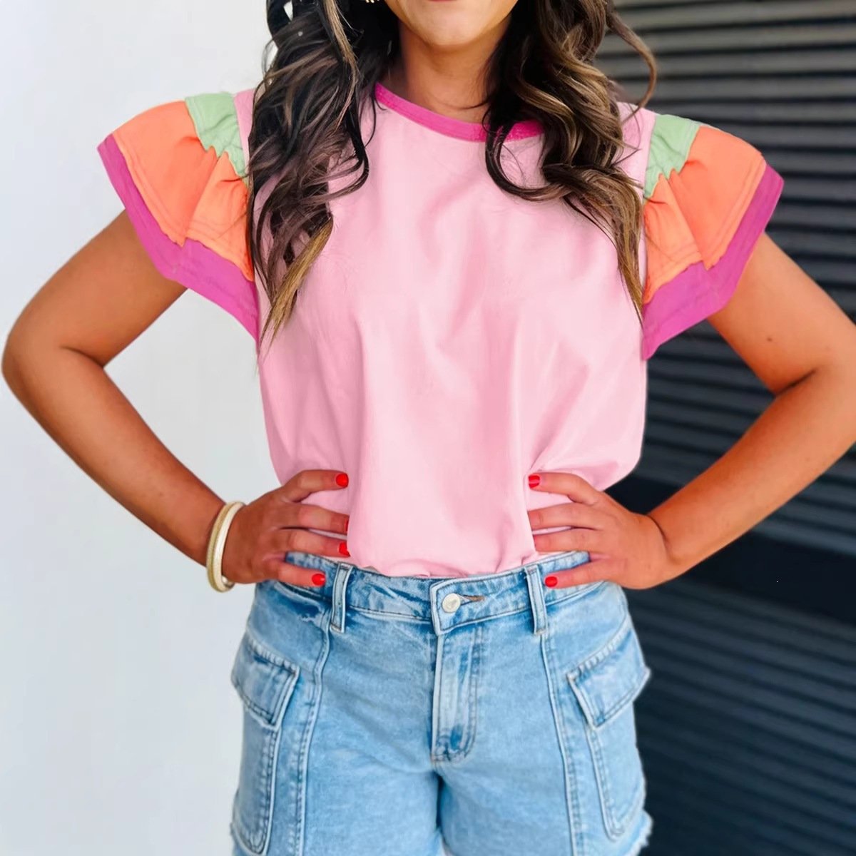 Color-Block Puff Sleeve Tee for Women