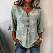 Women's 3D Digital Print V-Neck Shirt with Lace Cuffs