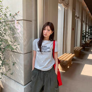 Khaki Letter Print Short Sleeve T-Shirt for Men and Women