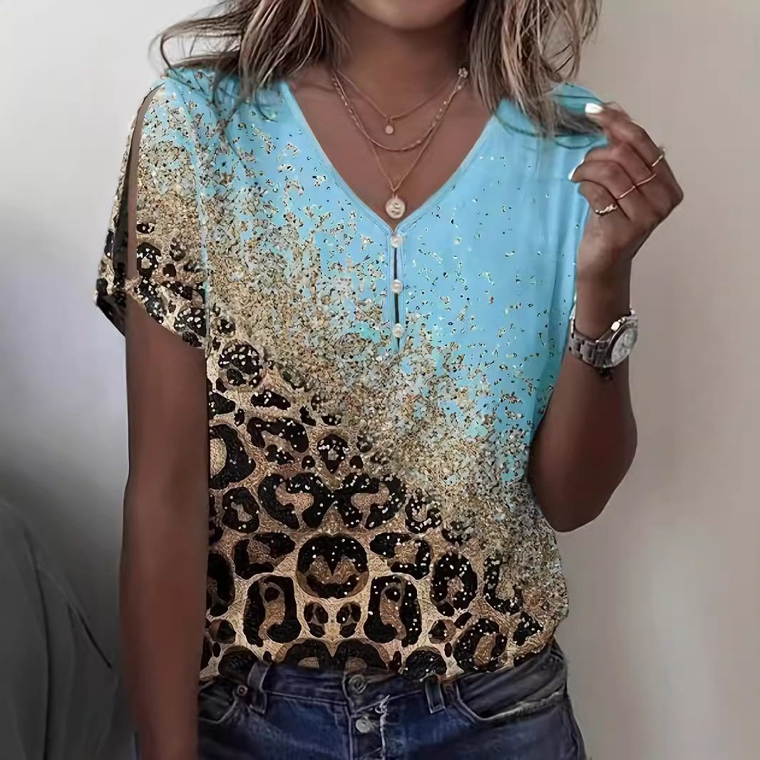 Leopard Print V-Neck Short Sleeve Women's Top