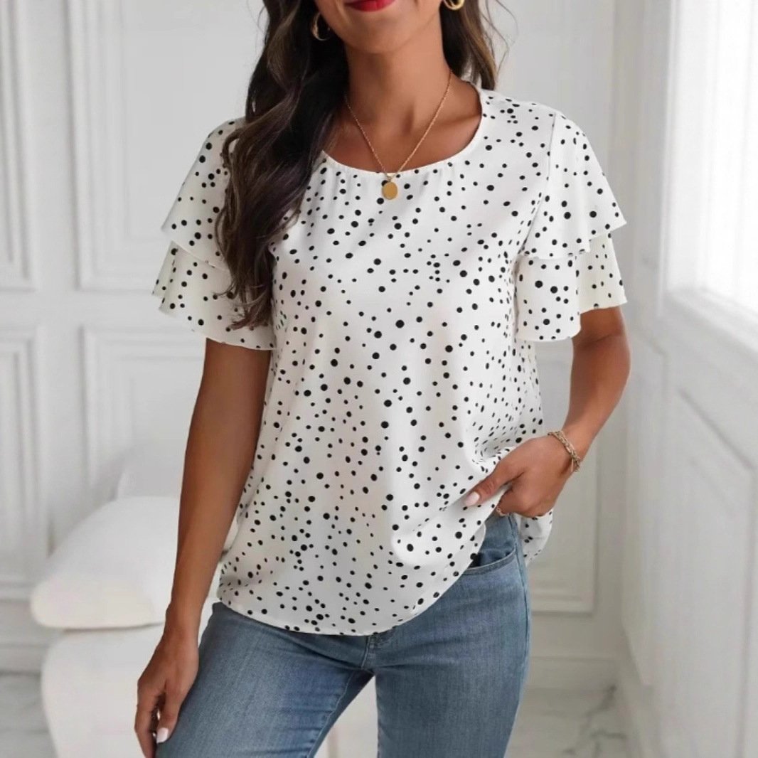 Polka Dot Short-Sleeve Shirt for Women - Princess Sleeve Design