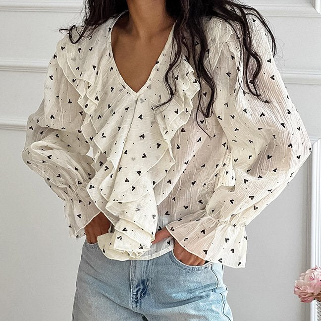 Women's Loving-Heart Print V-Neck Loose Shirt
