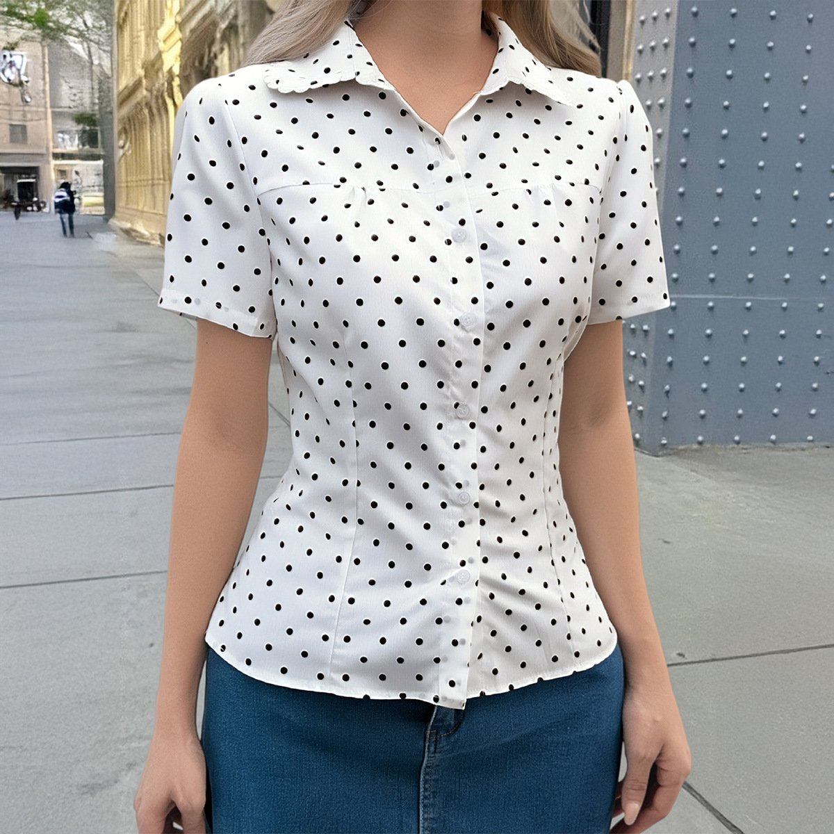 Polka Dot Short Sleeve Women's Shirt Top