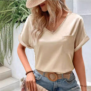 Women's Satin V-Neck Pocket T-Shirt Loose Fit Top
