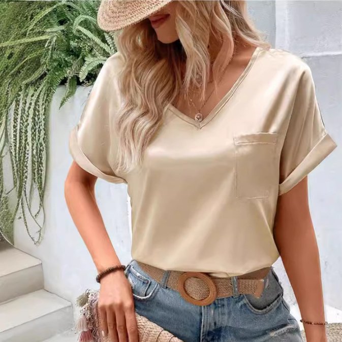 Women's Satin V-Neck Pocket T-Shirt Loose Fit Top