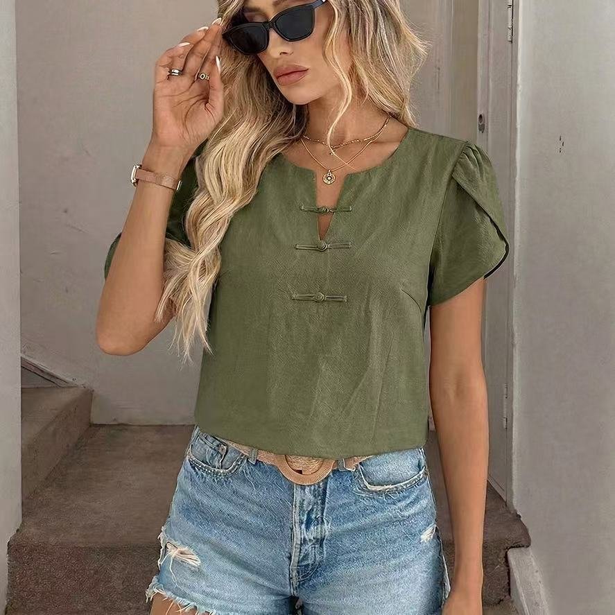Khaki Green Slim Fit Short Sleeve Shirt for Women