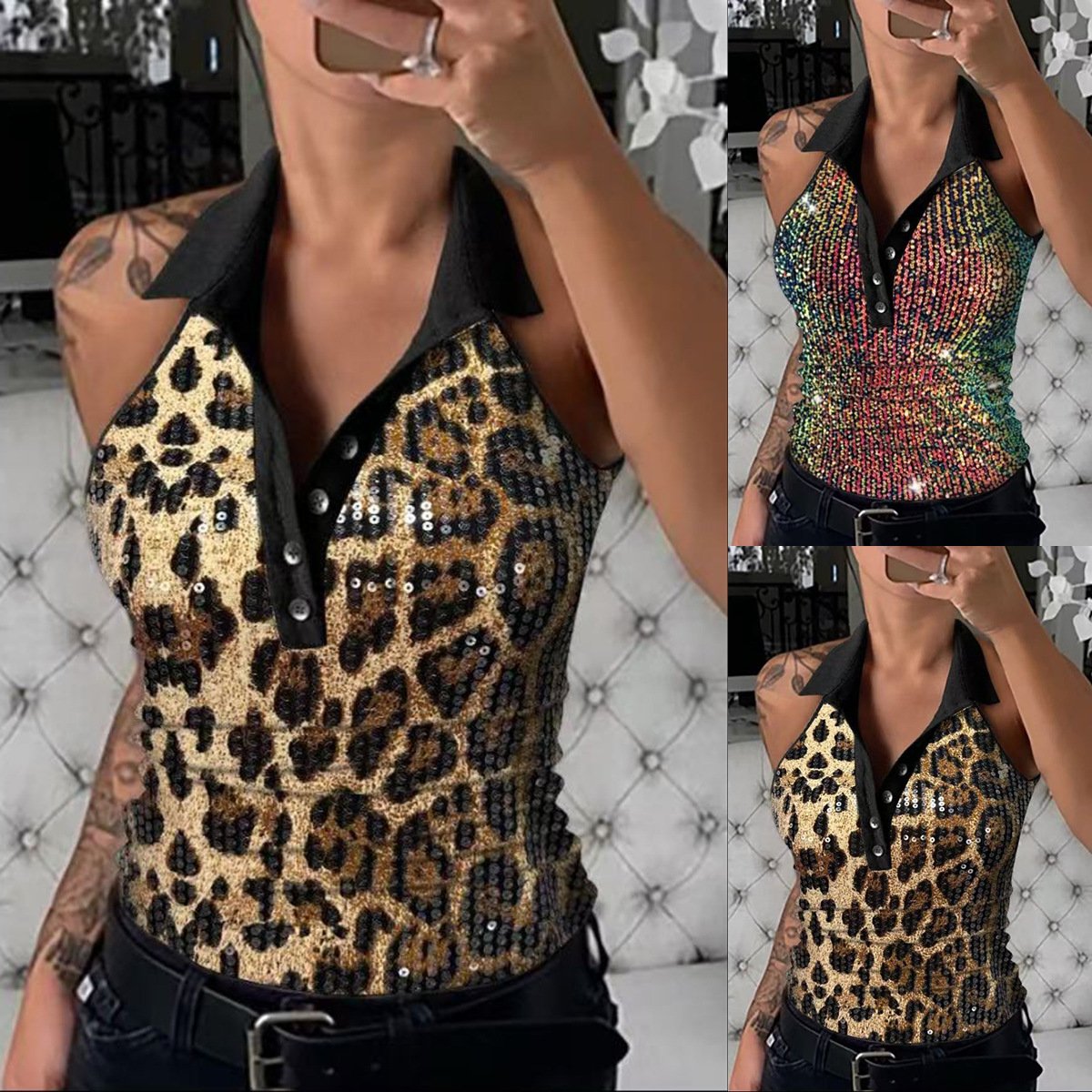 Sequin Lapel Sleeveless Top for Women