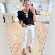 Leopard Print Contrast V-Neck Puffed Sleeve Top