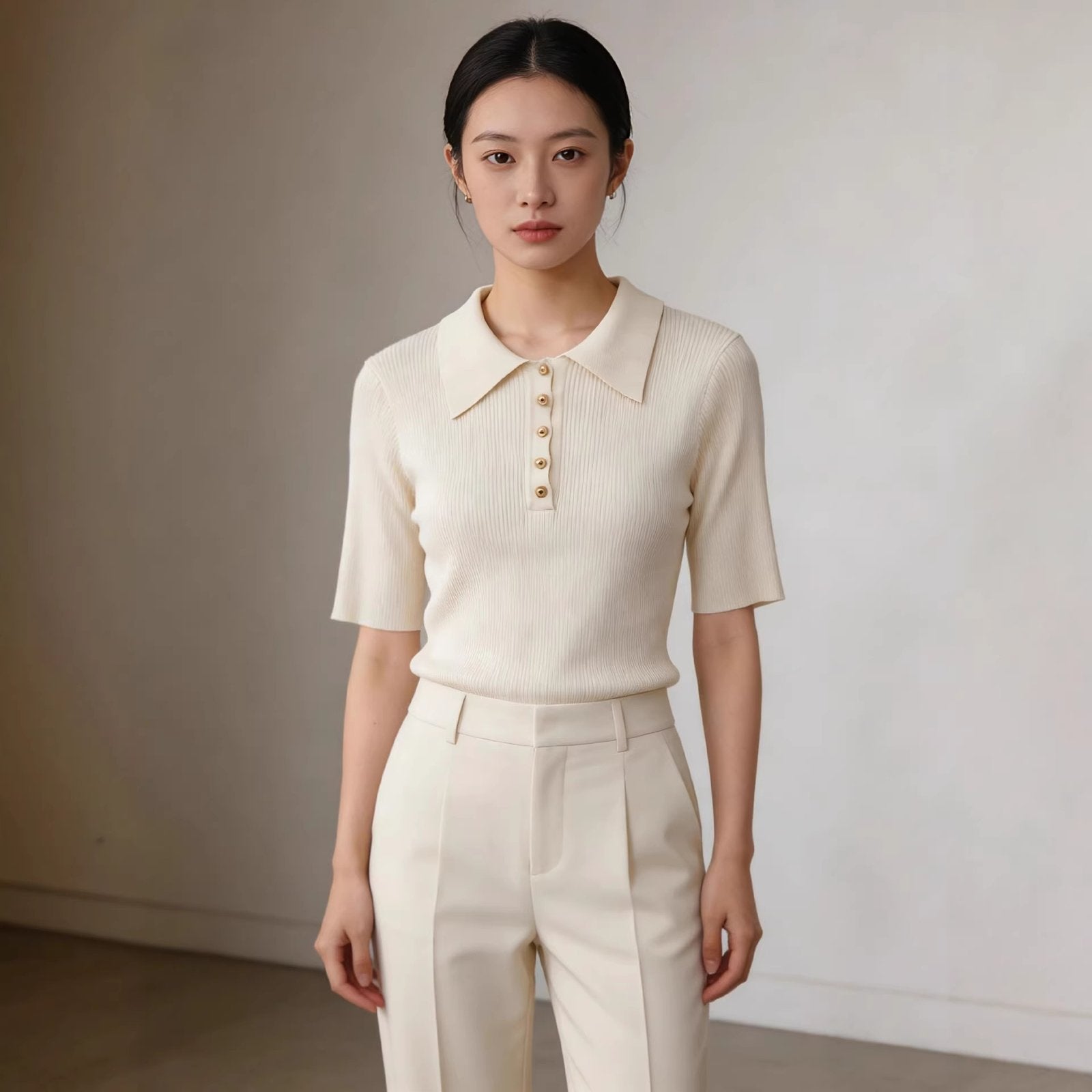 Contrasting Color Lapel Knit Top - Slim Fit Casual Style