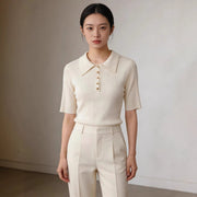 Contrasting Color Lapel Knit Top - Slim Fit Casual Style
