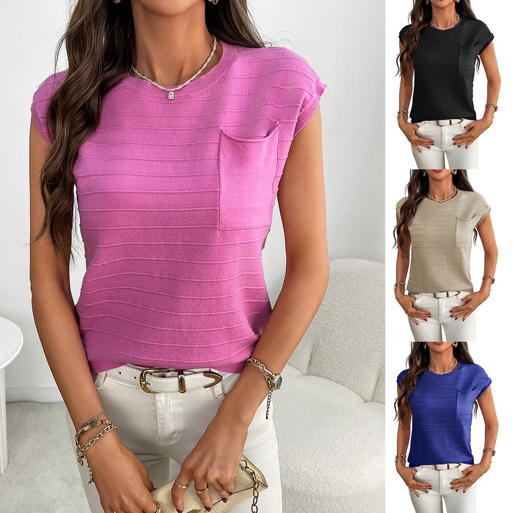 Women's Striped Crew-Neck Sweater with Pockets