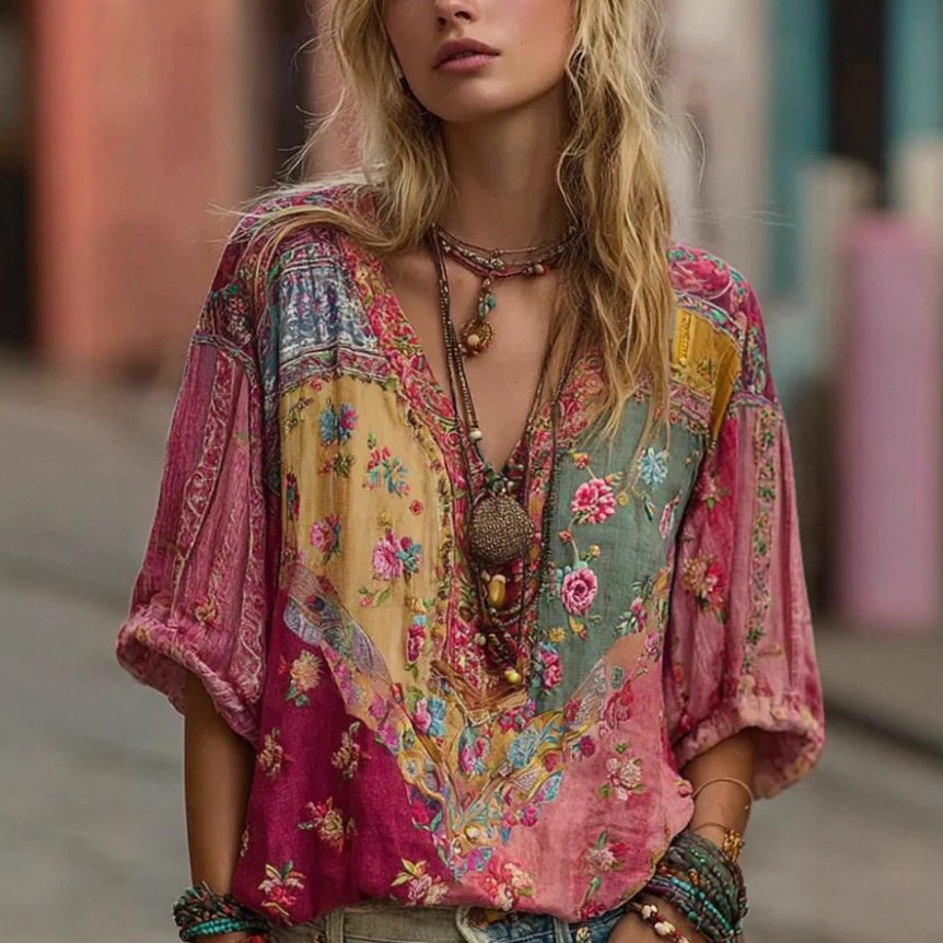Bohemian V-Neck Loose-Fit Top Shirt for Women