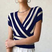 Elegant Striped Top with Cross-Neckline & Defined Waist