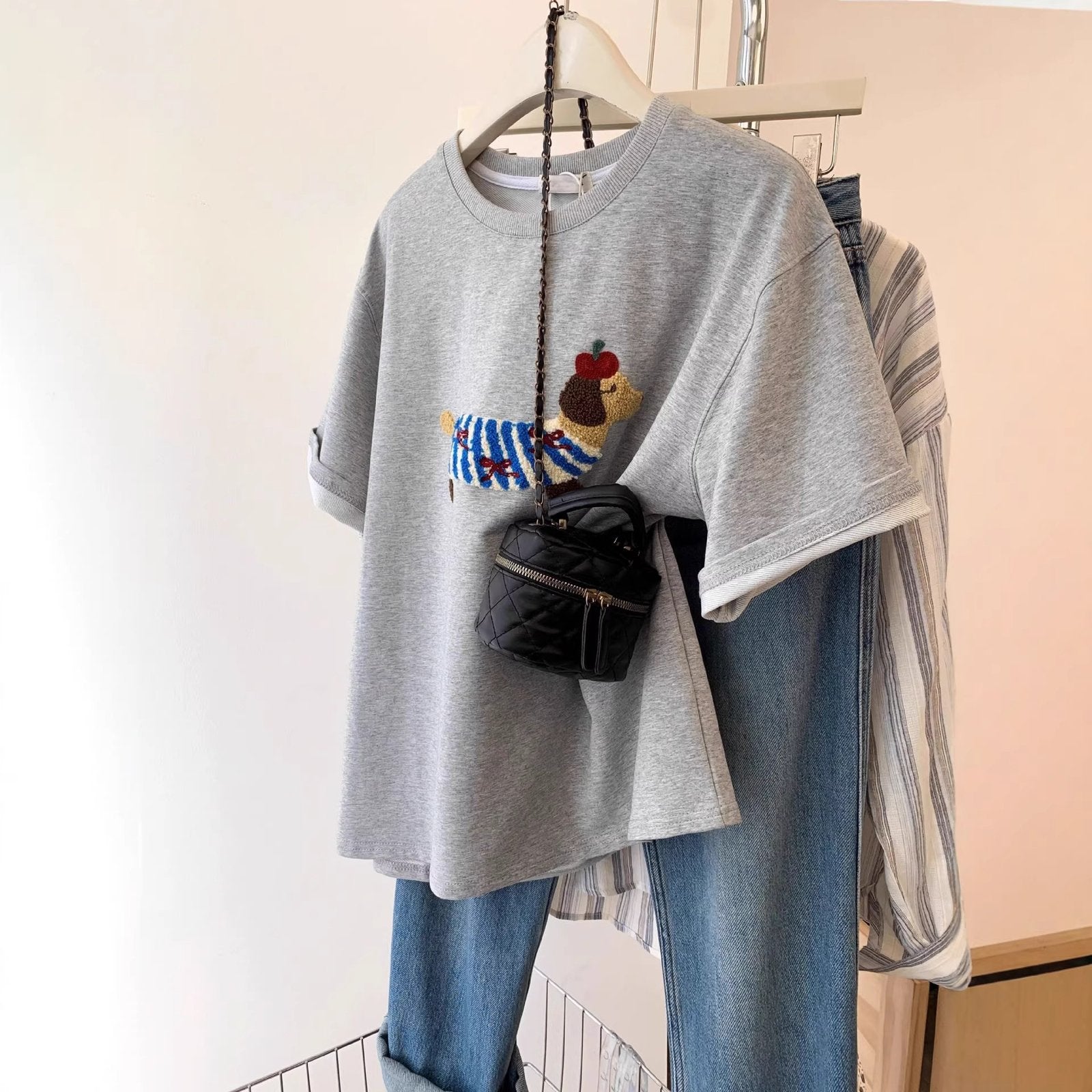 Cute Puppy Embroidery Short Sleeve Tee