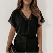 V-Neck Lace Patchwork Short-Sleeve T-Shirt for Women
