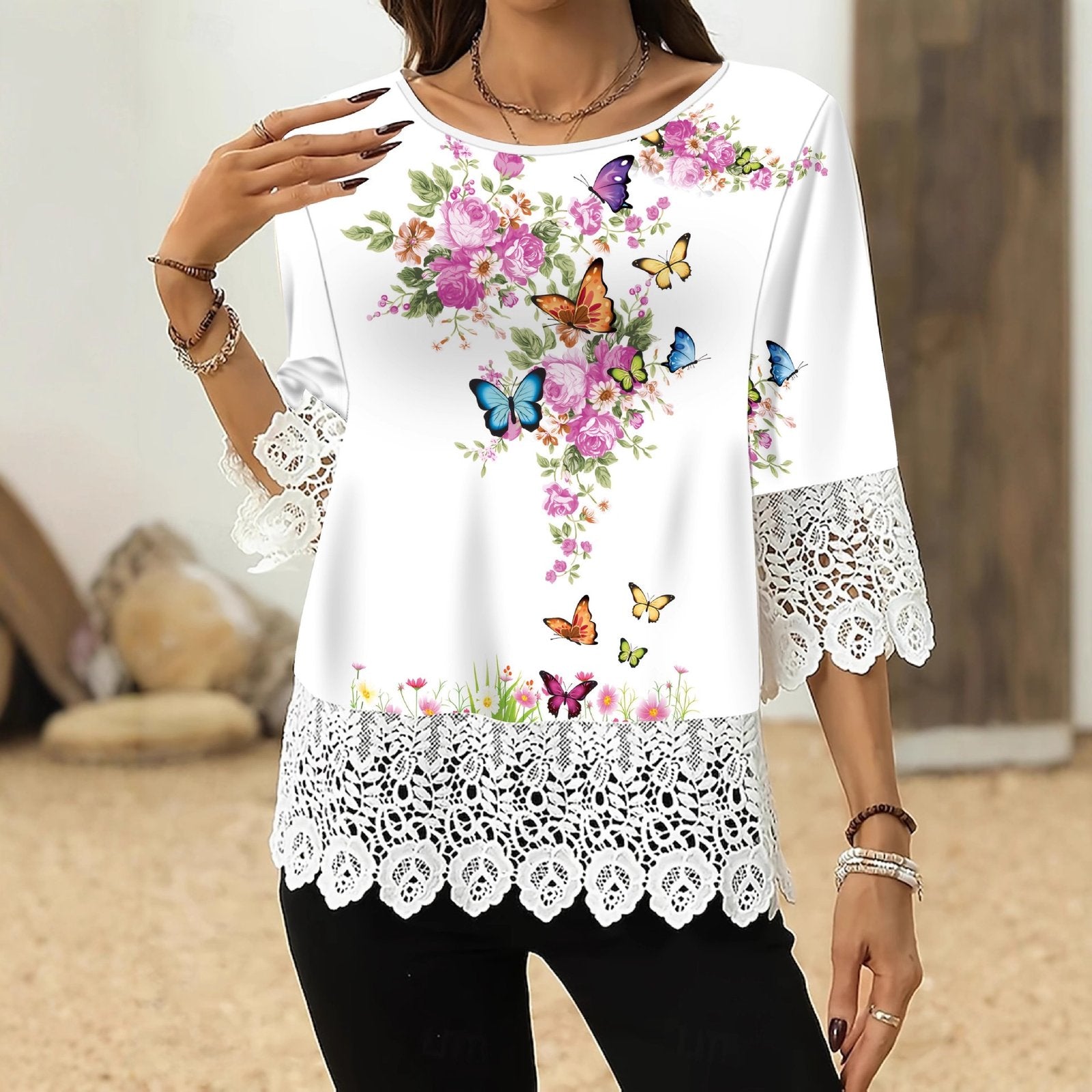 Vintage Lace Print T-Shirt Top for Women