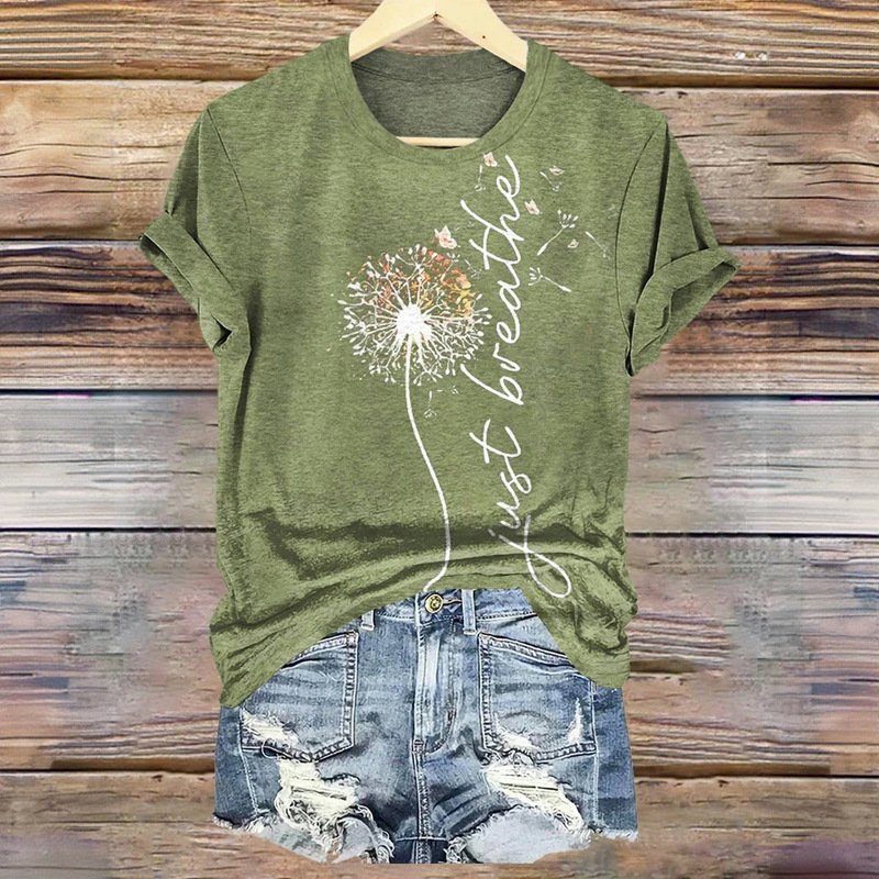 Women's Casual Short Sleeve Crew Neck Shirt - Dandelion Print