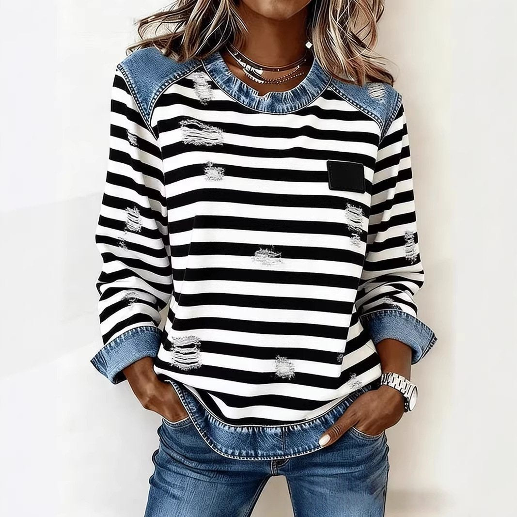 Cozy Denim Patchwork Crew Neck Sweatshirt