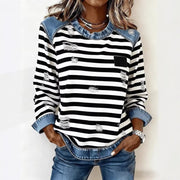 Cozy Denim Patchwork Crew Neck Sweatshirt