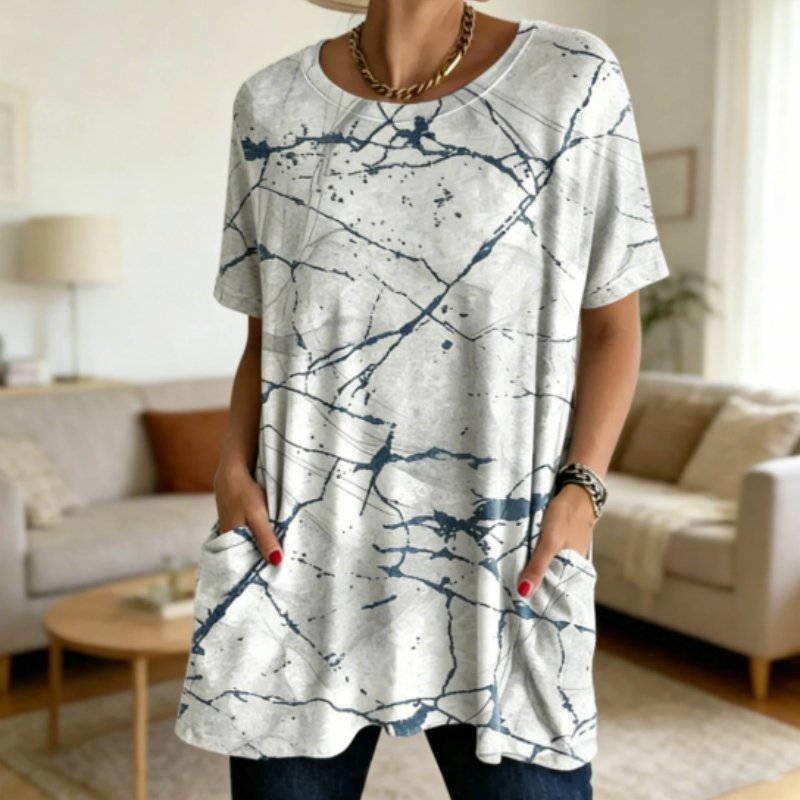Grey Marble Print Tunic Top for Women
