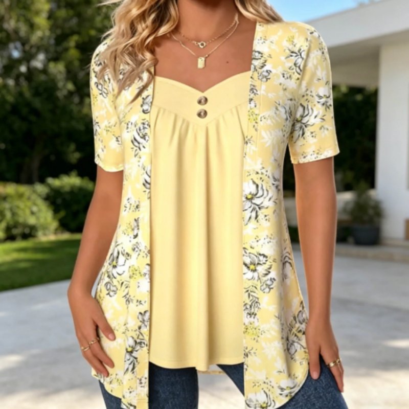 Brighten Up with Yellow Floral Faux Two-Piece Top