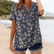 Navy Blue Floral Henley Shirt for Women