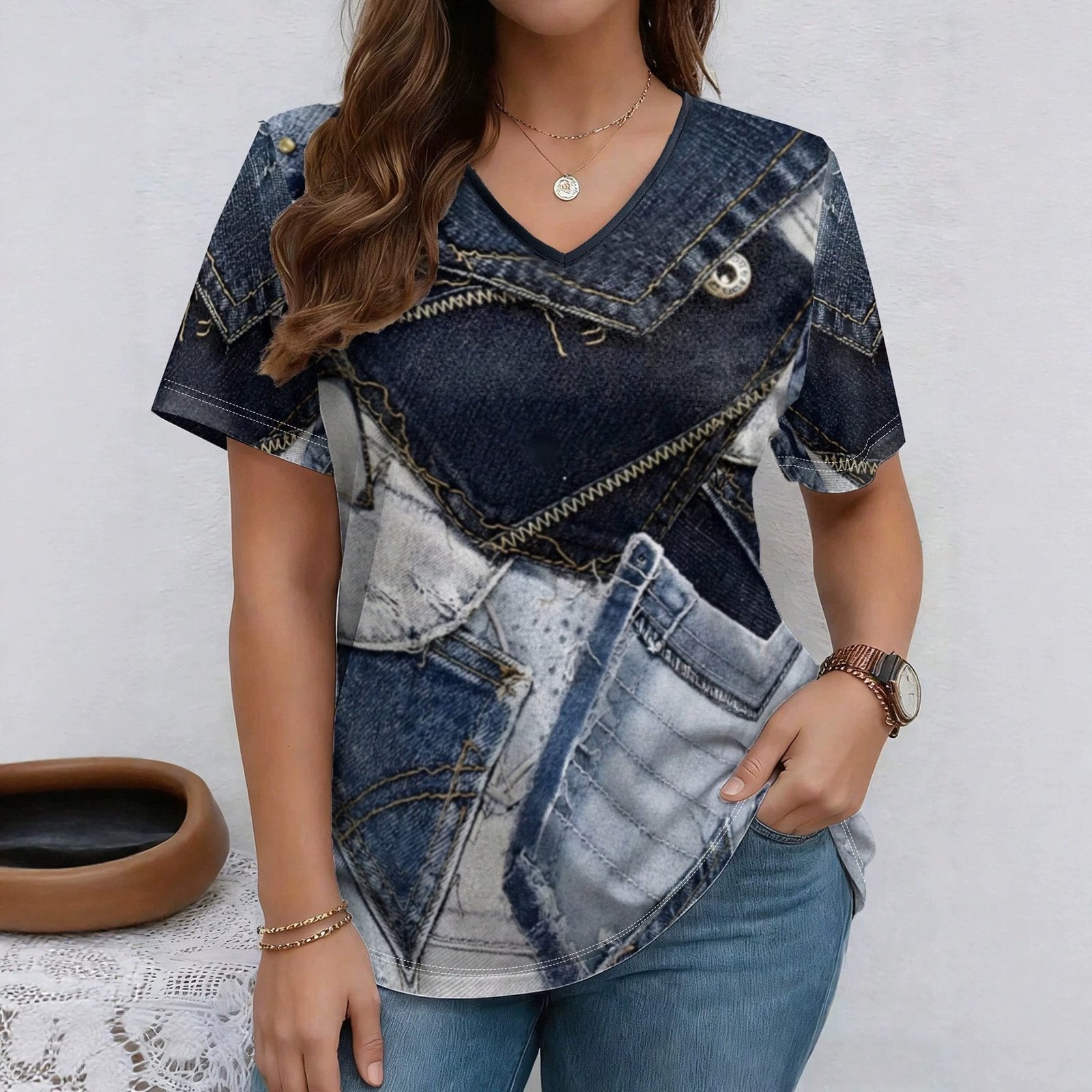 Summer Denim Print V-Neck Tee for Women