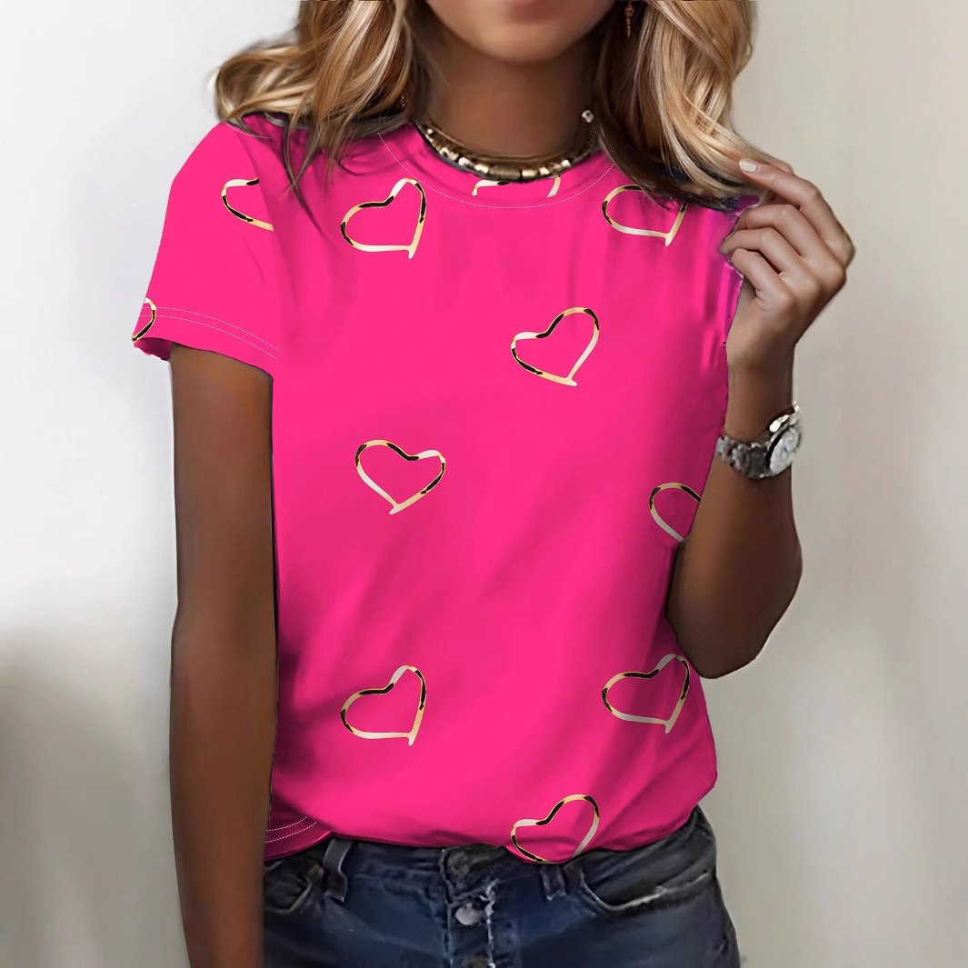 Elegant Heart-Print Crewneck Tee for Women
