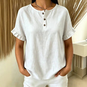 Cotton-Linen Ruffle Trim Short Sleeve Top for Women