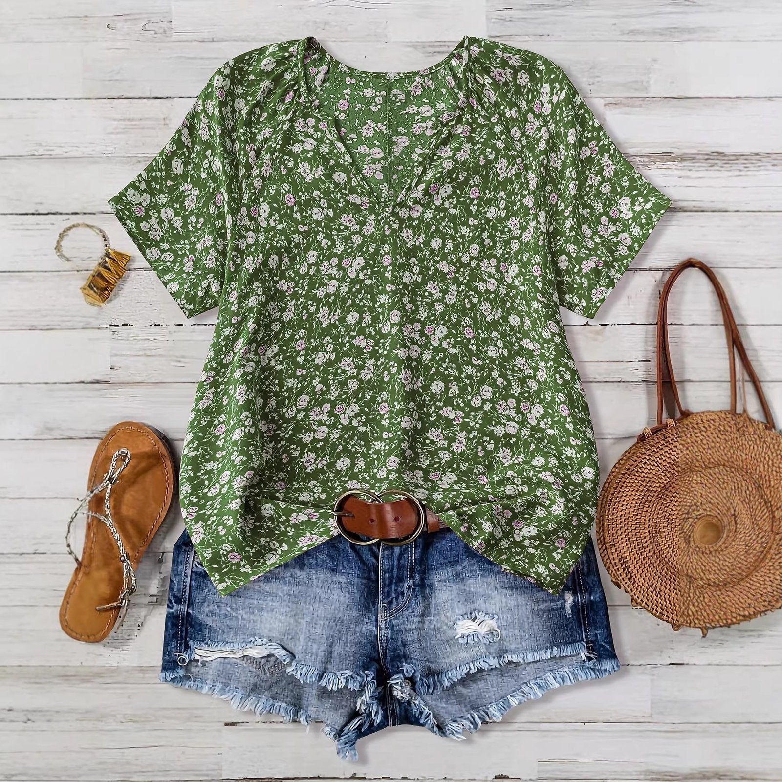 Green Floral V-Neck Short Sleeve Casual Shirt for Women