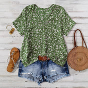 Green Floral V-Neck Short Sleeve Casual Shirt for Women