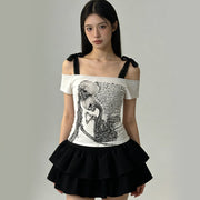 Sexy Retro Skull Lace Trim T-Shirt