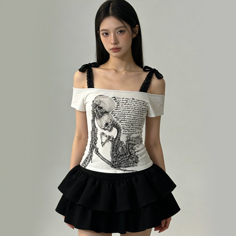 Sexy Retro Skull Lace Trim T-Shirt