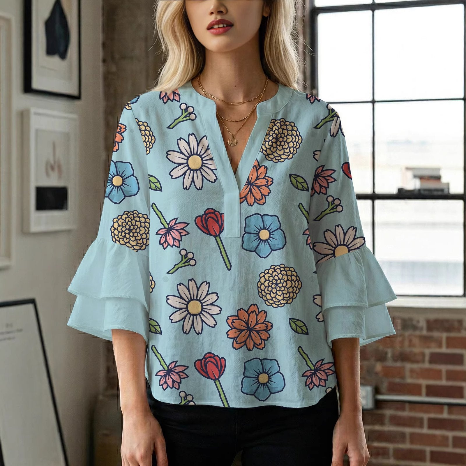 Geometric Print Puff Sleeve Top for Women