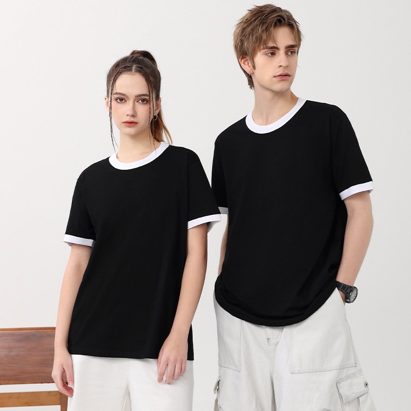 Contrast-Color Short-Sleeve T-Shirt Spliced Crew Neck