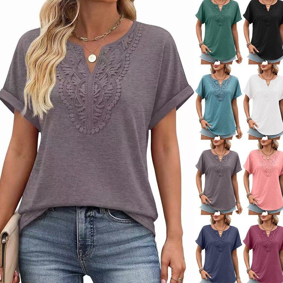 Women's Loose Fit Lace Trim V-Neck Tee