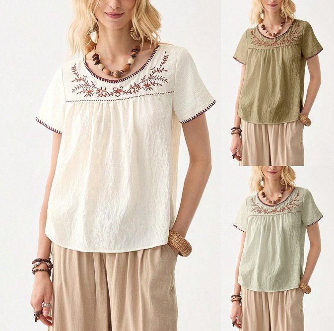 Summer Crew-Neck Embroidered Short Sleeves