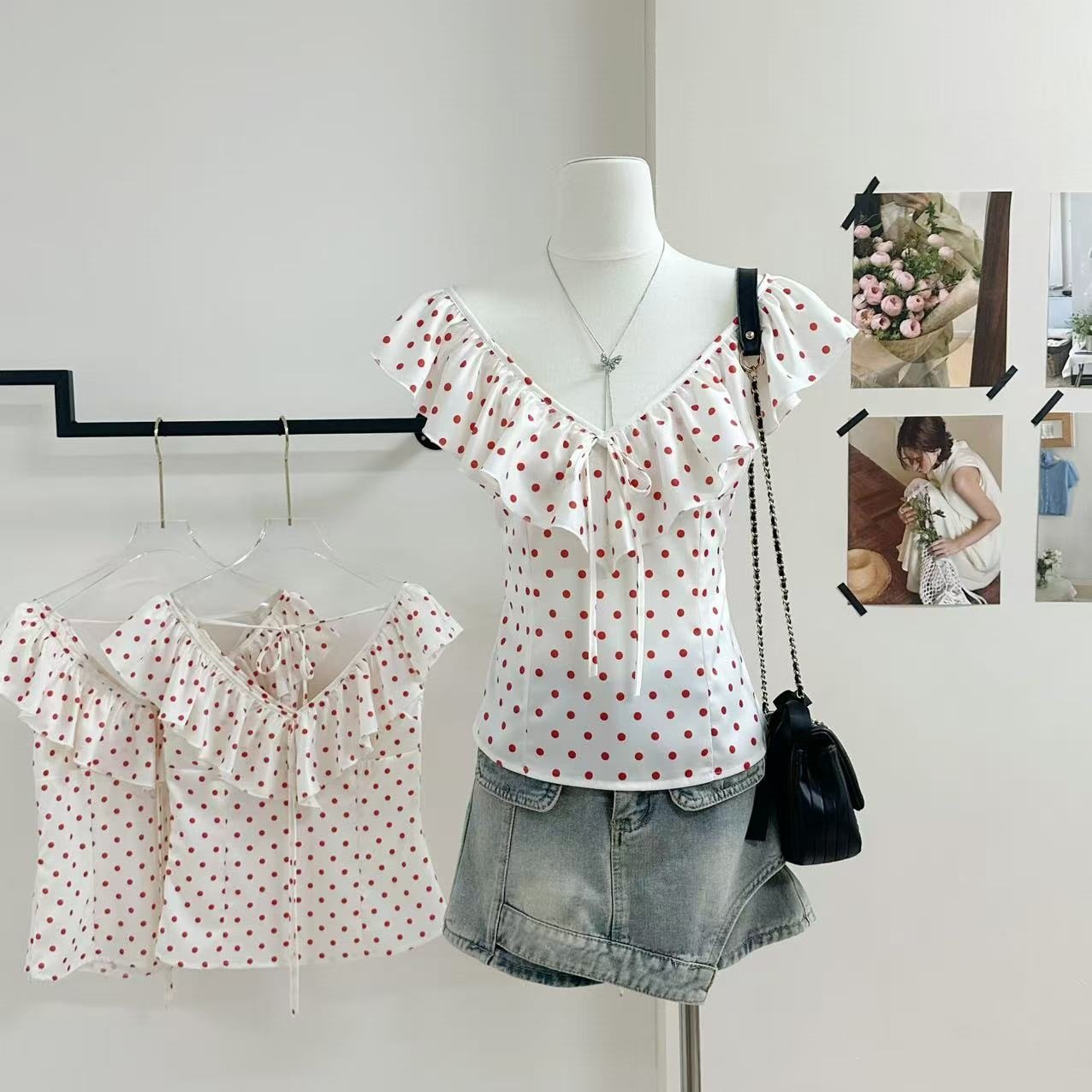 Red Polka Dot Slimming Top for Women - Spring Crew Neck Shirt