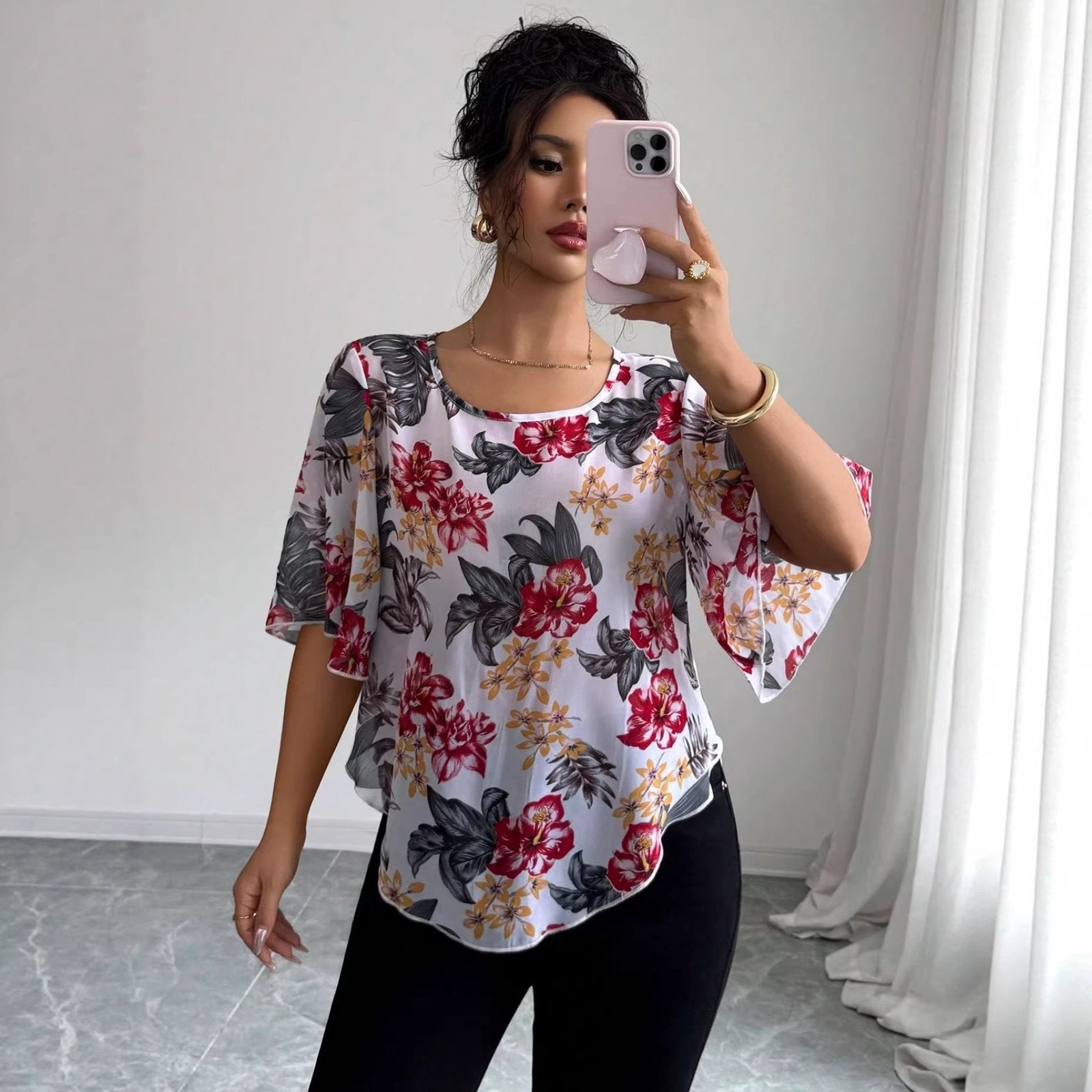 Loose Fit Floral Short Sleeve Shirt for Women