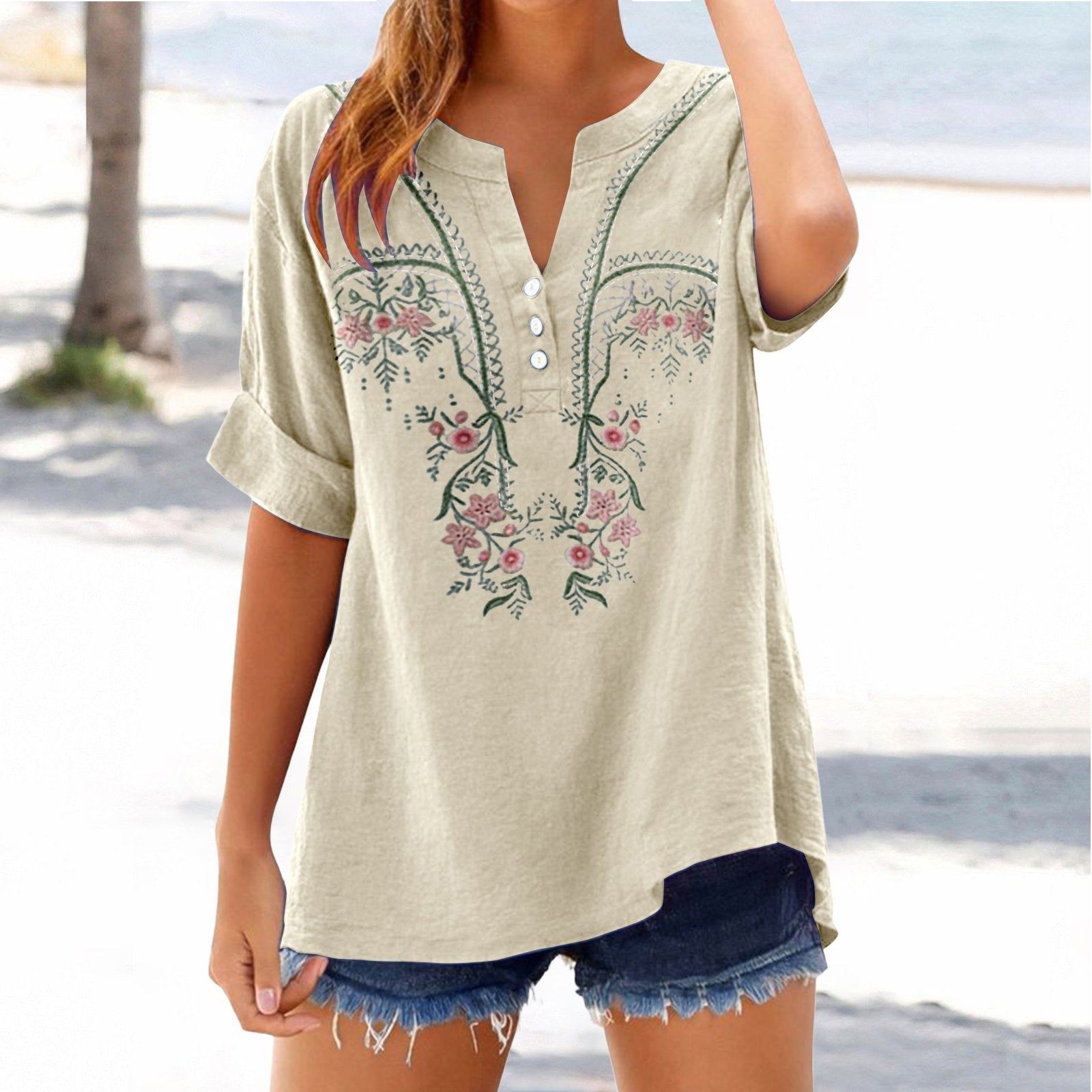 Vintage Floral V-Neck Embroidered Top