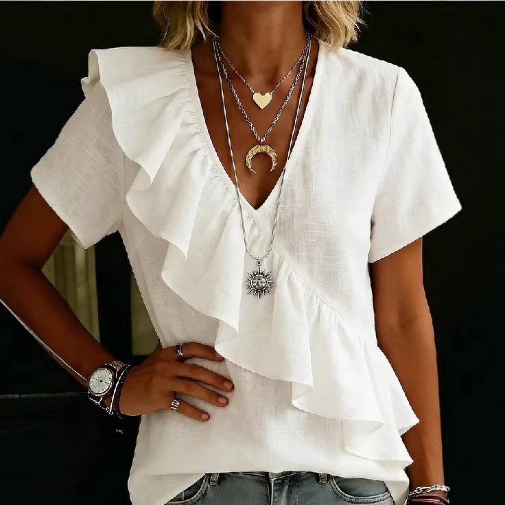 Versatile V-Neck Ruffle Top for Women