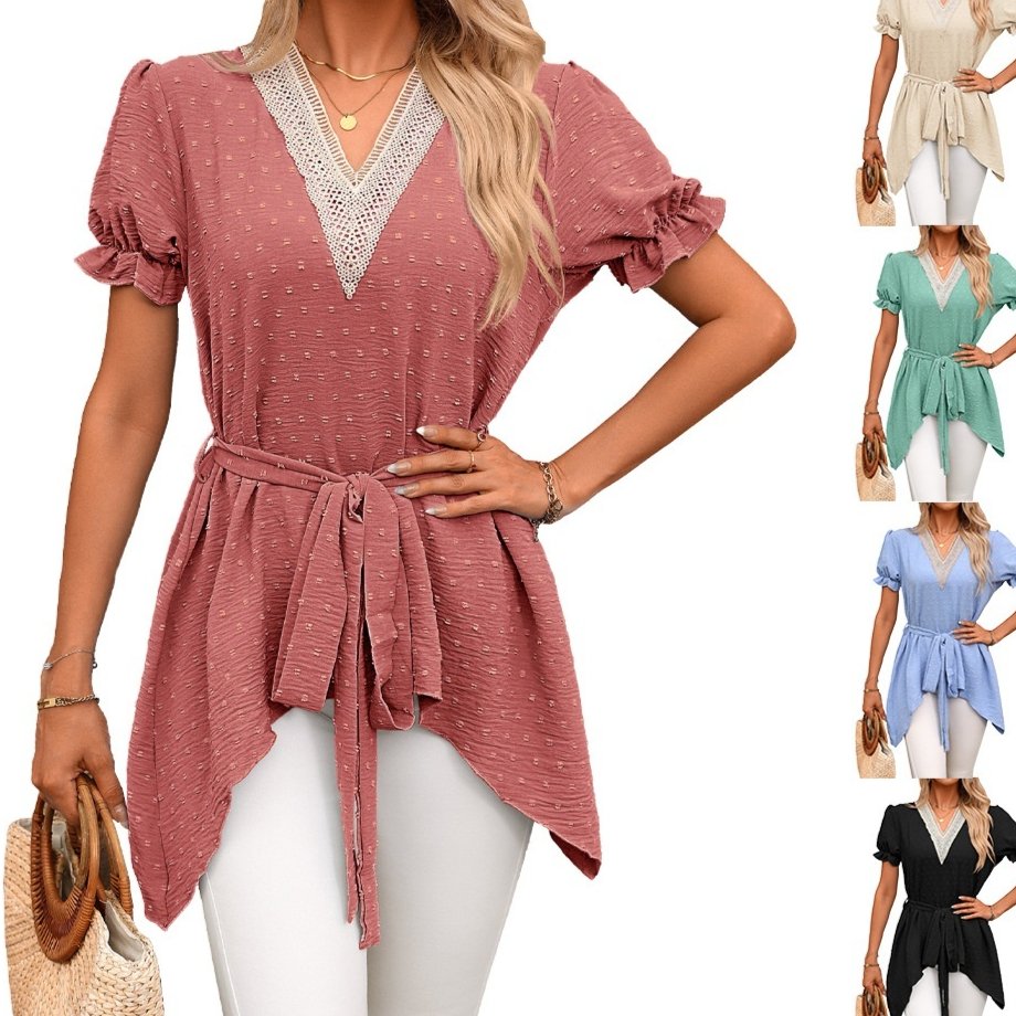 Loose Lace-Up Chiffon V-Neck Top for Women