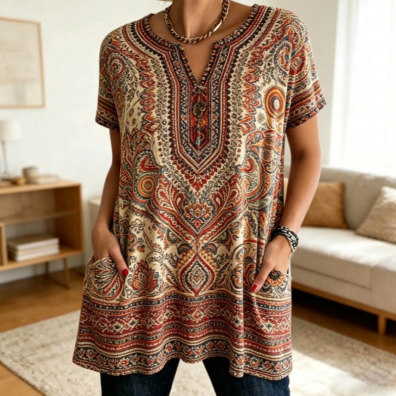 Paisley Print Tunic Top with Pockets