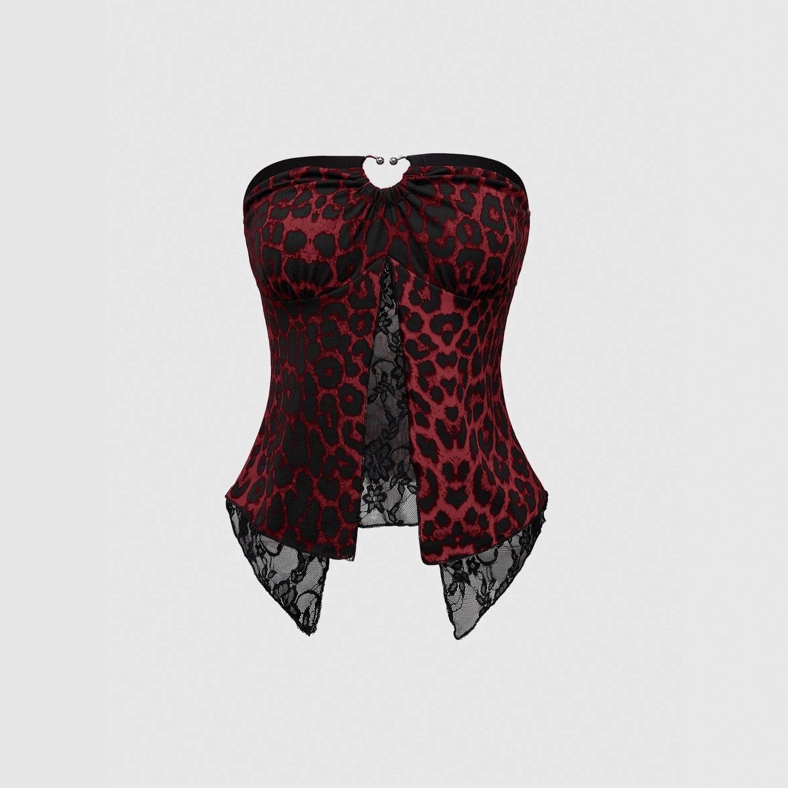 Wine Red Leopard Print Lace Hem Short Top