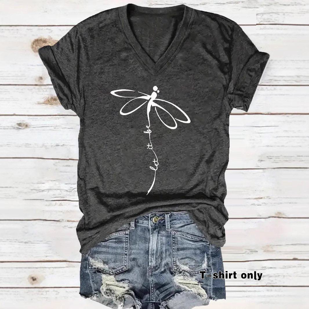 Summer Dragonfly Print Short Sleeve T-Shirt for Women